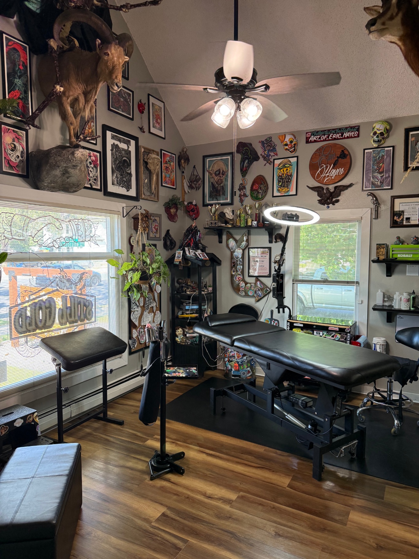Eric Hayes's tattoo room filled with art and taxidermy